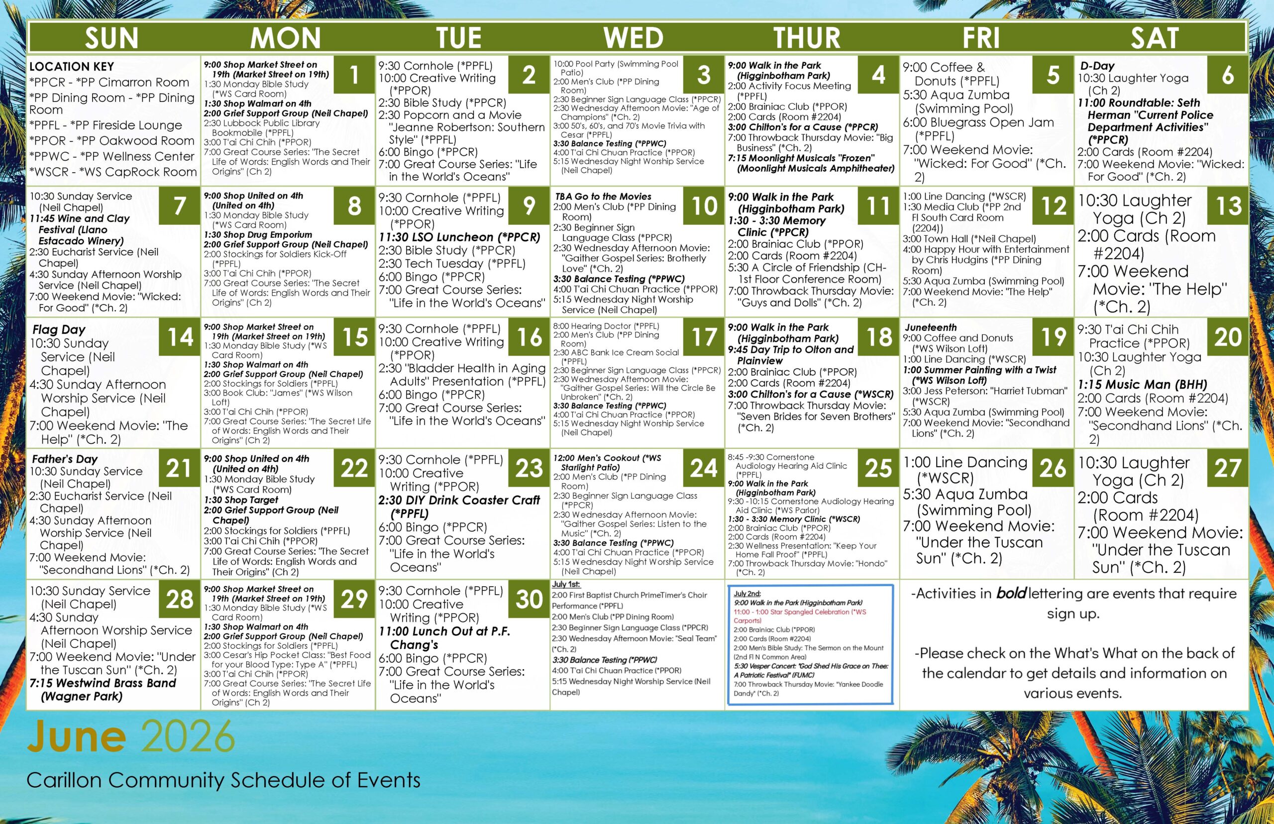June 2026 Carillon Community Schedule of Events calendar with a tropical beach background, palm trees, and a green header row labeled Sunday through Saturday. The monthly grid is dense with daily activities and includes a location key in the upper-left corner for rooms such as PP Cimarron Room, PP Dining Room, PP Fireside Lounge, PP Oakwood Room, PP Wellness Center, and WS CapRock Room. Recurring events throughout the month include Sunday services, laughter yoga, aqua zumba, cards, line dancing, coffee and donuts, bluegrass open jam, bingo, Great Courses lectures, Walk in the Park at Higginbotham Park, Brainiac Club, throwback Thursday movies, and weekend movies. Special highlighted events include Wine and Clay Festival on Sunday, June 7 at Pheasant Ridge Winery, a roundtable with Seth Herman on current police department activities on Saturday, June 6, a movie outing on Wednesday, June 10, Memory Clinic on Thursday, June 11, hearing doctor and bank ice cream social on Wednesday, June 17, a day trip to Olton and Plainview on Thursday, June 18, Juneteenth on Friday, June 19, DIY drink coaster craft on Tuesday, June 23, Men’s Cookout on Wednesday, June 24, Cornerstone audiology and hearing clinic appointments on Thursday, June 25, a keychain bracelet craft on Friday, June 26, and a lunch outing at P.F. Chang’s on Tuesday, June 30. Notes at the bottom explain that activities shown in bold require sign-up and direct residents to the “What’s What” page on the back of the calendar for more details.