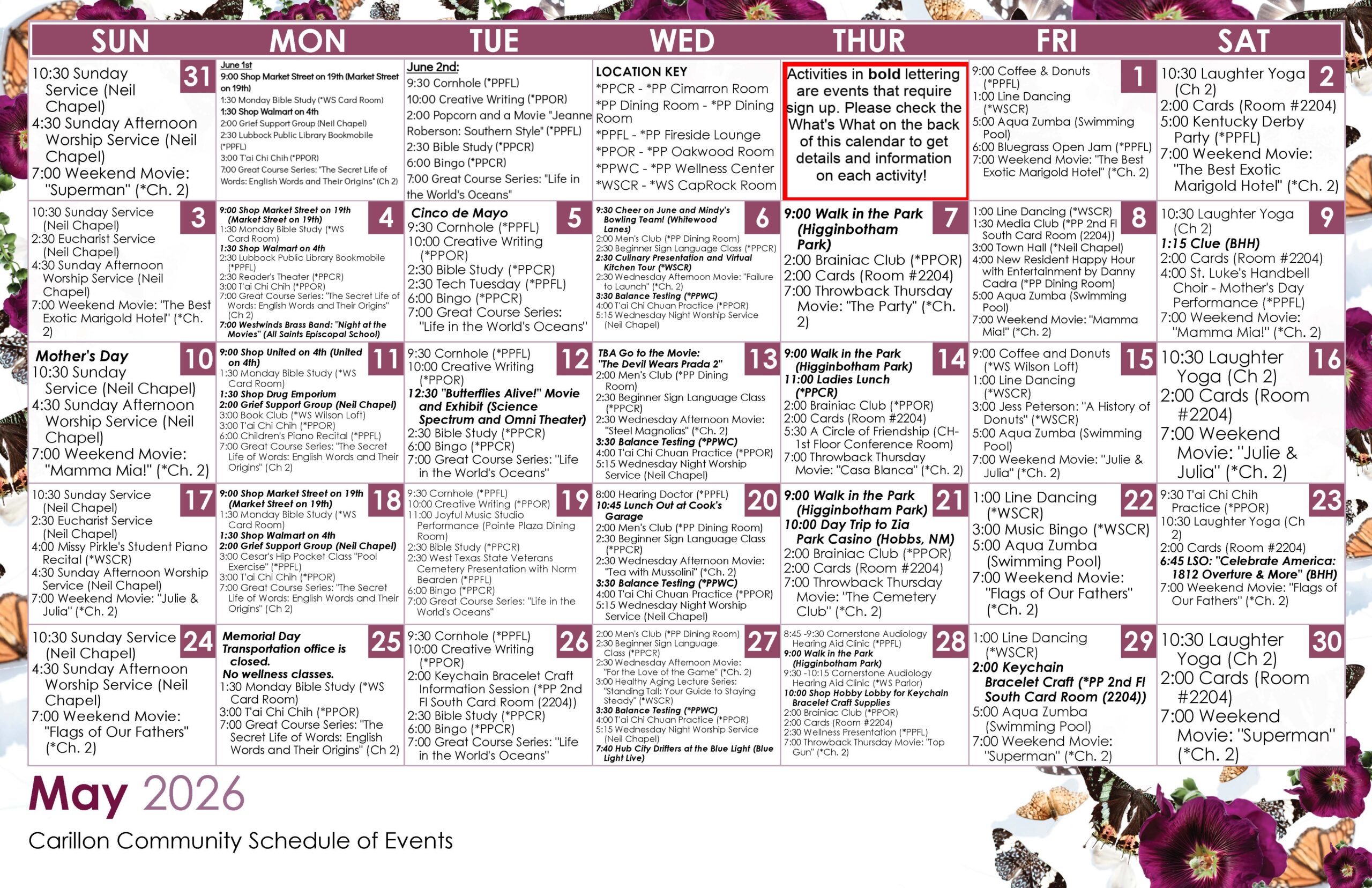 Black-and-white informational flyer titled “What’s What in May: read about this month’s events,” arranged in two columns with bold event names, dates, times, locations and short descriptions. Featured events on the left include West Texas State Veterans Cemetery Presentation with Norm Bearden on Tuesday, May 19 at 2:30 PM in the PPFL, Lunch Out at Cook’s Garage on Wednesday, May 20 at 10:45 AM at Cook’s Garage, Day Trip to Zia Park Casino on Thursday, May 21 at 10:00 AM in Hobbs, New Mexico, and a Key Chain Bracelet Craft series on Tuesday, May 26 and Friday, May 29 in the PP 2nd Floor South Card Room, illustrated with a photo of beaded bracelets. The right column lists additional highlighted events such as the Westwinds Brass Band “Night at the Movies” on Monday, May 4 at 7:00 PM at All Saints Episcopal School, Tech Tuesday on Tuesday, May 5 at 2:30 PM in the PPFL, Cheer on June and Mindy’s Bowling Team on Wednesday, May 6 at 9:30 AM at Whitewood Lanes, Culinary Presentation and Kitchen Tour on Wednesday, May 6 at 2:30 PM in the WSCR, Grief Support Group beginning Monday, May 11 at 2:00 PM in Neil Chapel, Butterflies Alive on Tuesday, May 12 at 12:30 PM at Science Spectrum, “The Devil Wears Prada 2” movie outing on Wednesday, May 13, Ladies Lunch on Thursday, May 14 at 11:00 AM in the PPCR, Jess Peterson’s “A History of Donuts” on Friday, May 15 at 3:00 PM in the WSCR, and Cesar’s Hip Pocket Class “Pool Exercise” on Sunday, May 17 at 11:00 AM in the WSCR. The lower-left section contains a “Regular Events” schedule organized by weekday with recurring fitness classes, water aerobics, sign language, tai chi, shopping trips, gym time and bingo, plus a key for room abbreviations and a note that bold events on the calendar require sign-up.