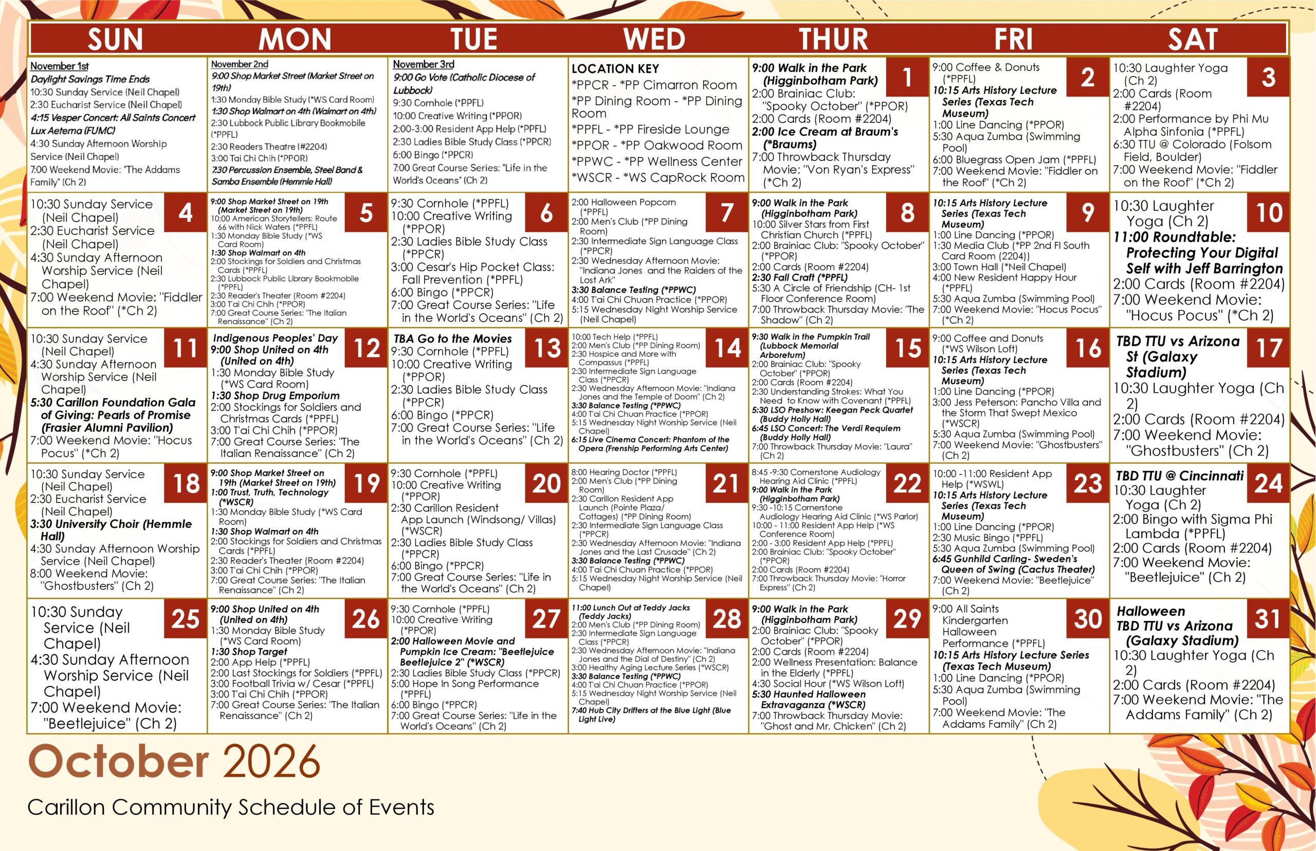 Carillon Community Schedule of Events for October 2026, displayed in a Sunday-through-Saturday calendar with an autumn leaf border. The calendar lists daily activities, classes, outings, worship services and entertainment, including Walk in the Park at Higginbotham Park, coffee and donuts, line dancing, Aqua Zumba, creative writing, bingo, Tai Chi, Great Course lectures, movies and Texas Tech football watch events. Featured October events include an Art History Lecture Series at the Texas Tech Museum, Carillon Foundation Gala of Giving: Pearls of Promise on October 11, University Choir on October 18, a Carillon Resident App Lounge on October 20, Guy Penrod concert on October 23, Halloween movie and pumpkin ice cream on October 27, Haunted Halloween Extravaganza on October 29 and Halloween activities on October 31. A location key identifies meeting spaces such as the Cimarron Room, PP Dining Room, PP Fireside Lounge, PP Oakwood Room, Wellness Center and WS CapRock Room.